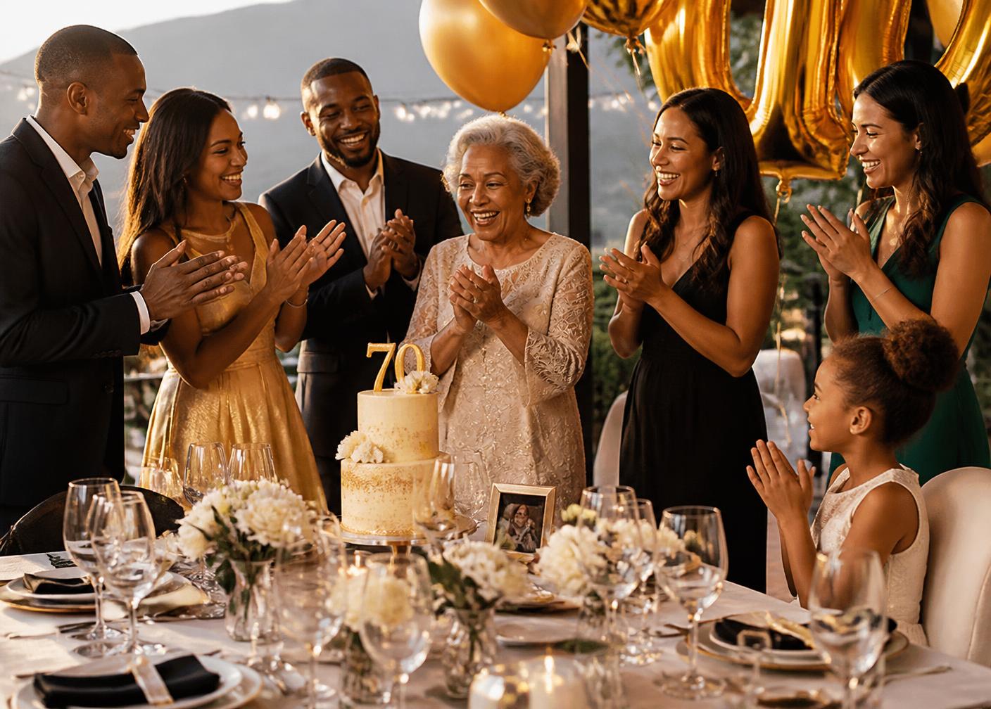 Family and friends gathered around a decorated birthday cake at an elegant table