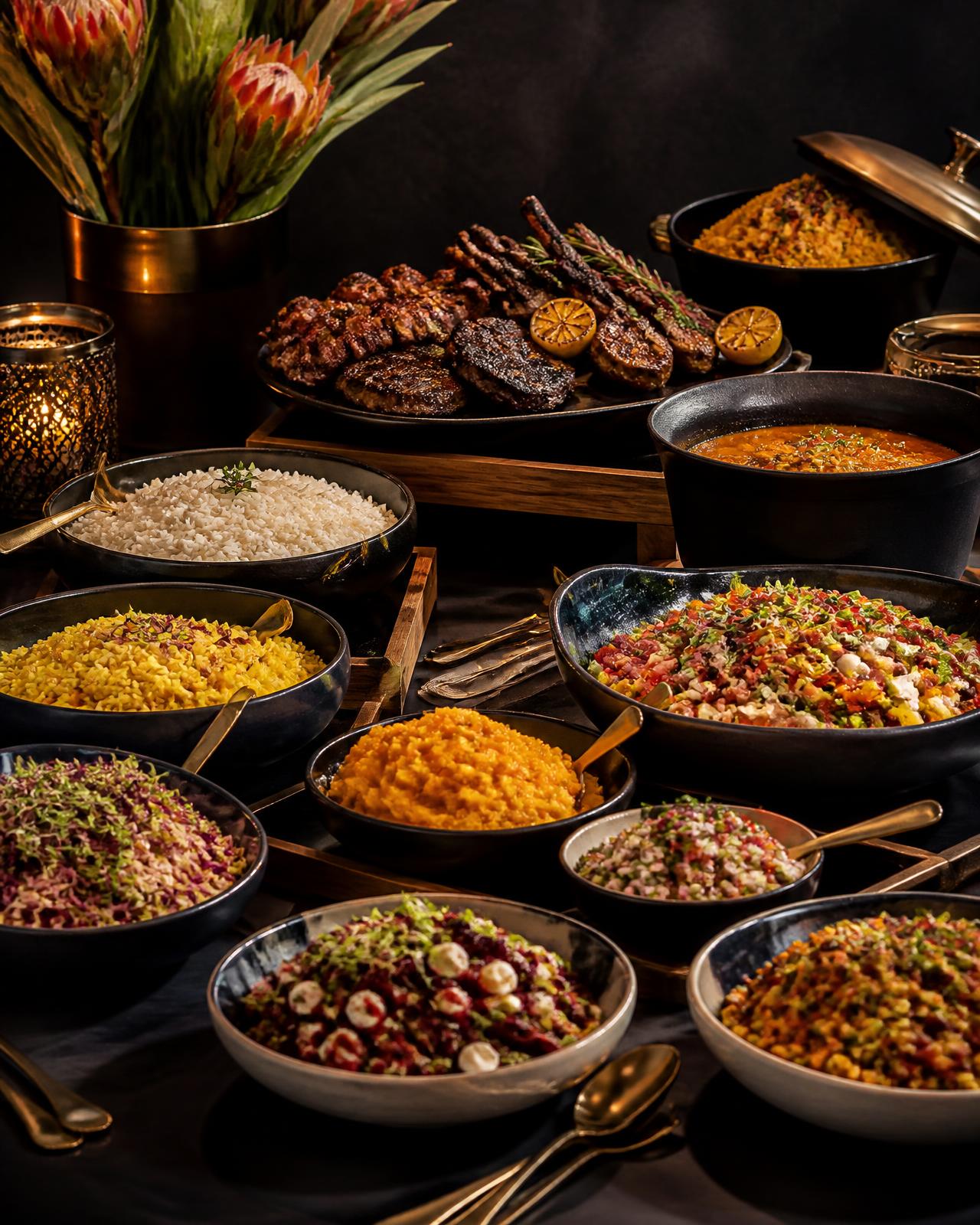 Elegant buffet spread with grilled meats, salads and warm dishes on a dark table