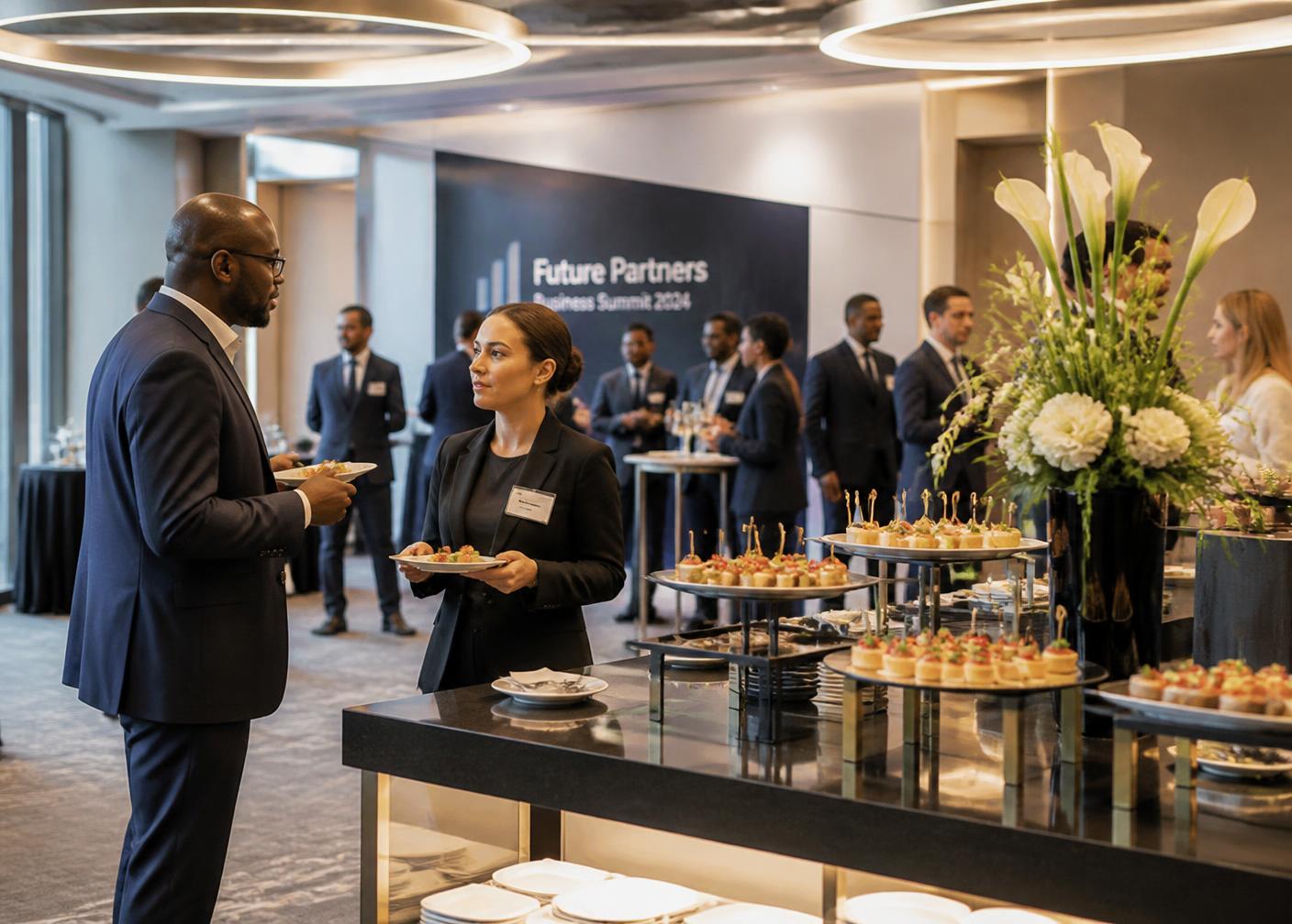 Professionally dressed guests at a corporate function beside a catering station