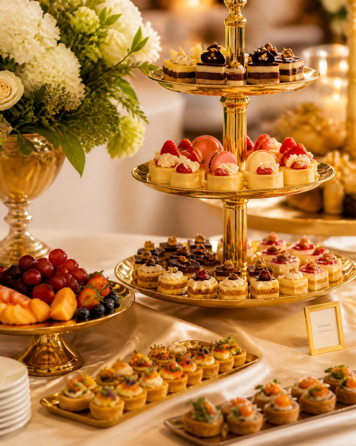 Gold tiered dessert stand with petit fours and fresh fruit