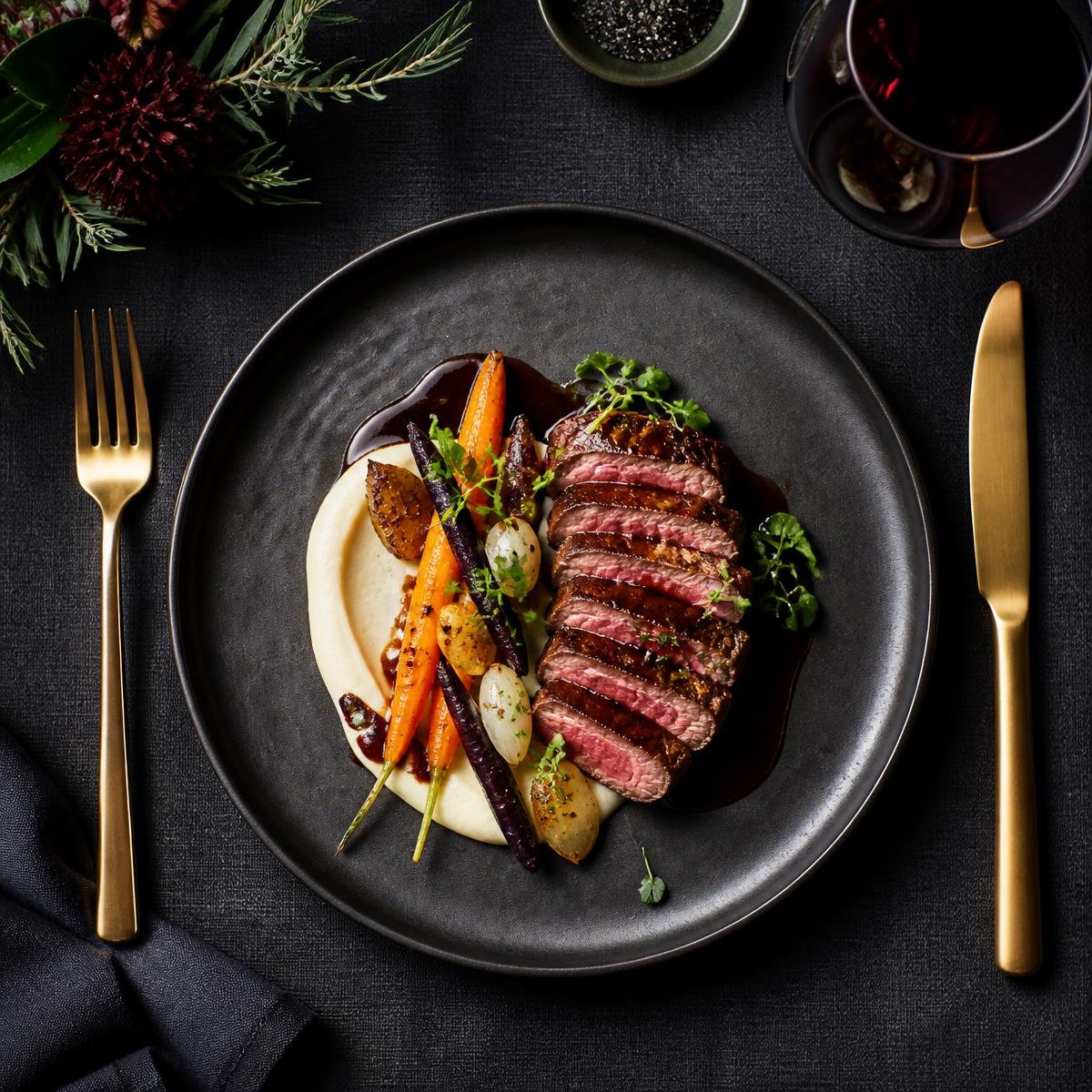 Plated main course with gold cutlery on a dark table